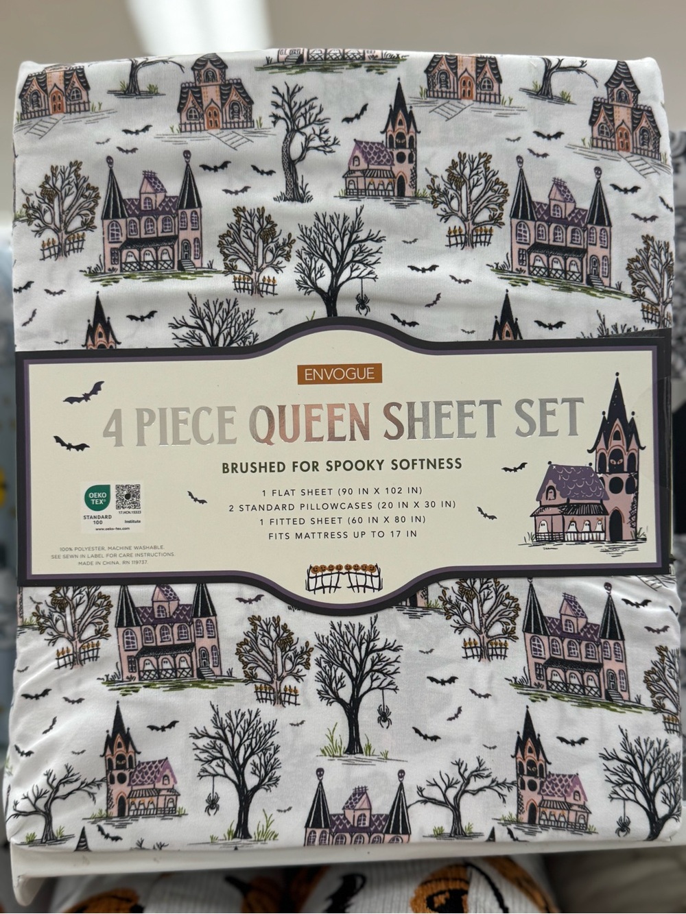 Envogue Queen Sheet Set — White with Purple and Black Haunted House Print